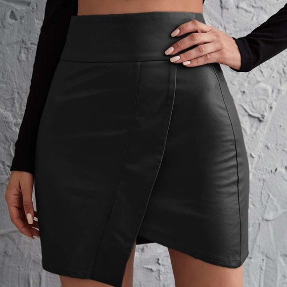 Luxe Wide waist vegan leather mini bodycon Skirt - Picture 13 of 14
